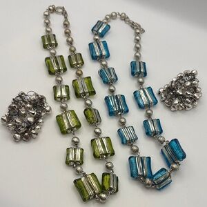 Elegant Silver and Blue-Green Beaded Necklace Set and 2 jingle bracelets